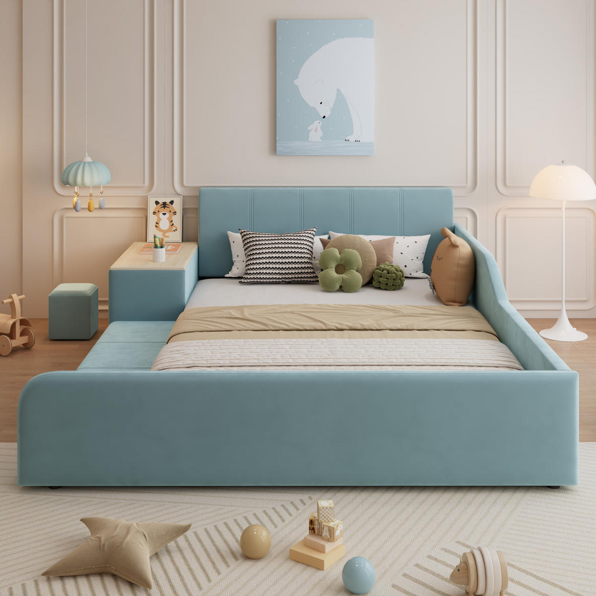KINDERBETT 140/200 cm DE-02193, in Blau, mit Schreibtisch und Hocker - Blau, Holzwerkstoff (140/200cm) - ComfortXL