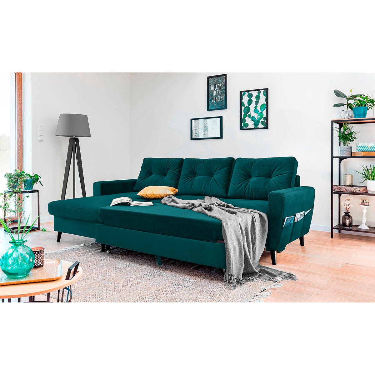 ECKSOFA mit Longchair - Petrol/Schwarz, Buchenholz/Textil (233/148cm) - home24