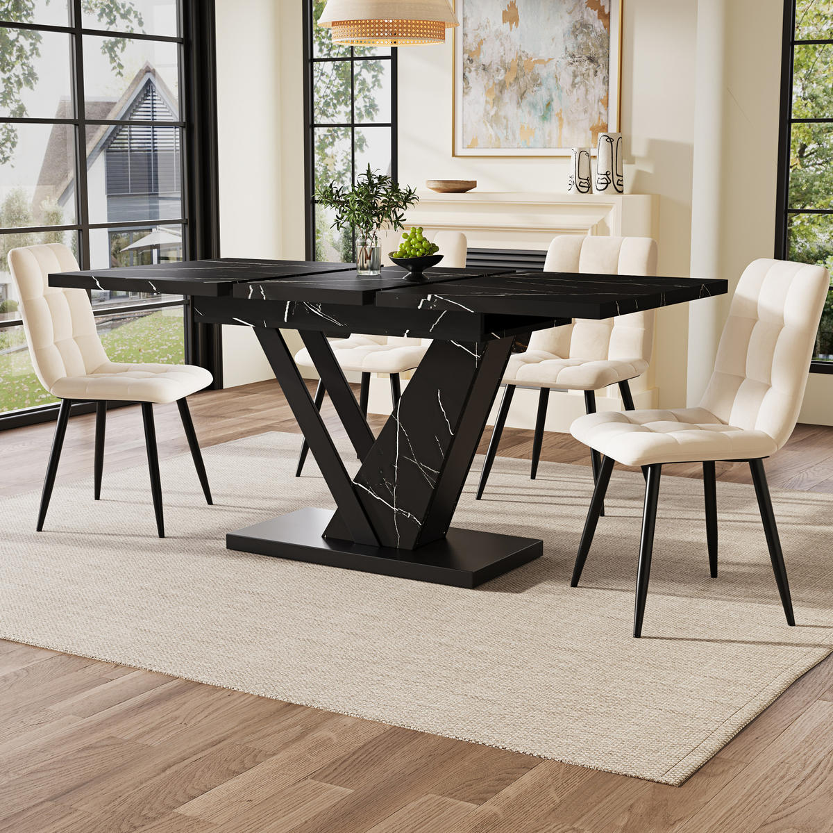 ESSTISCH 120-160x75x76 cm aus MDF mit schwarzem Marmormuster auf stabilen Metallbeinen ausziehbar - Schwarz, Holzwerkstoff (160/75/75.5cm) - Modfu