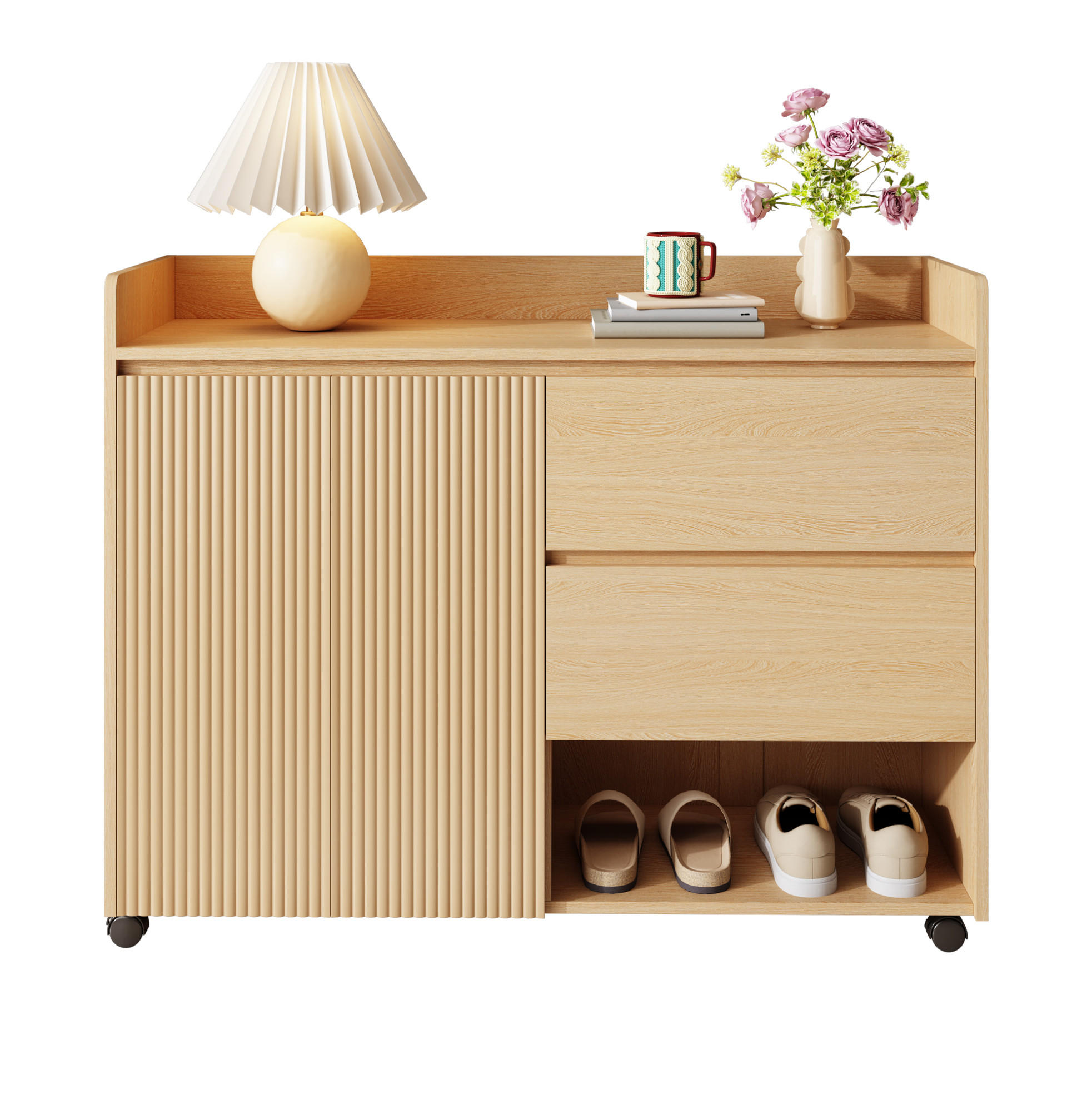 SCHUHSCHRANK 110/35/86 cm in Natur mit Rollen, Schubladen und offenen Fächern - Naturfarben, Holzwerkstoff (110/86/35cm) - Flora Grace