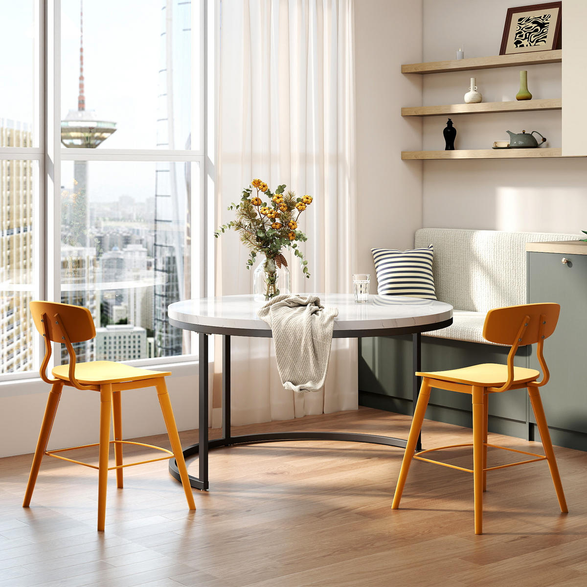 COUCHTISCH-SET mit Marmoreffekt und Metallrahmen Basis, Stapelbarer Beistelltisch Set 80/80/45 cm + 60/60/33,5 cm, Weiß und Schwarz - Weiß, Holzwerkstoff (80/80/45cm) - Redom