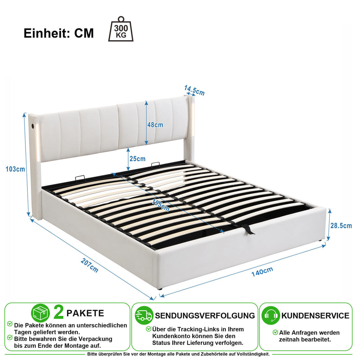POLSTERBETT 140/200 cm in Weiß mit Stauraum, LED, USB und verstellbarem Kopfteil - Weiß, Holzwerkstoff/Textil (140/200cm) - CHICFURN