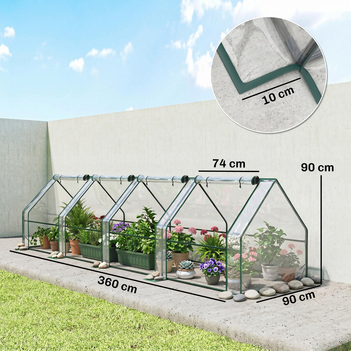 MINI-GEWÄCHSHAUS, Tunnel, 4 Fenster, Rolltür, Stahl, PE 140g/m², UV-beständig, Transparent - Multicolor, Kunststoff (360/90/90cm) - FORIOUS
