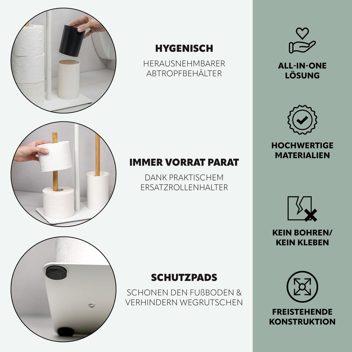 STAND-WC-GARNITUR 4in1, Bambus/Metall weiß - Weiß, Metall (30/68/18cm) - eluno