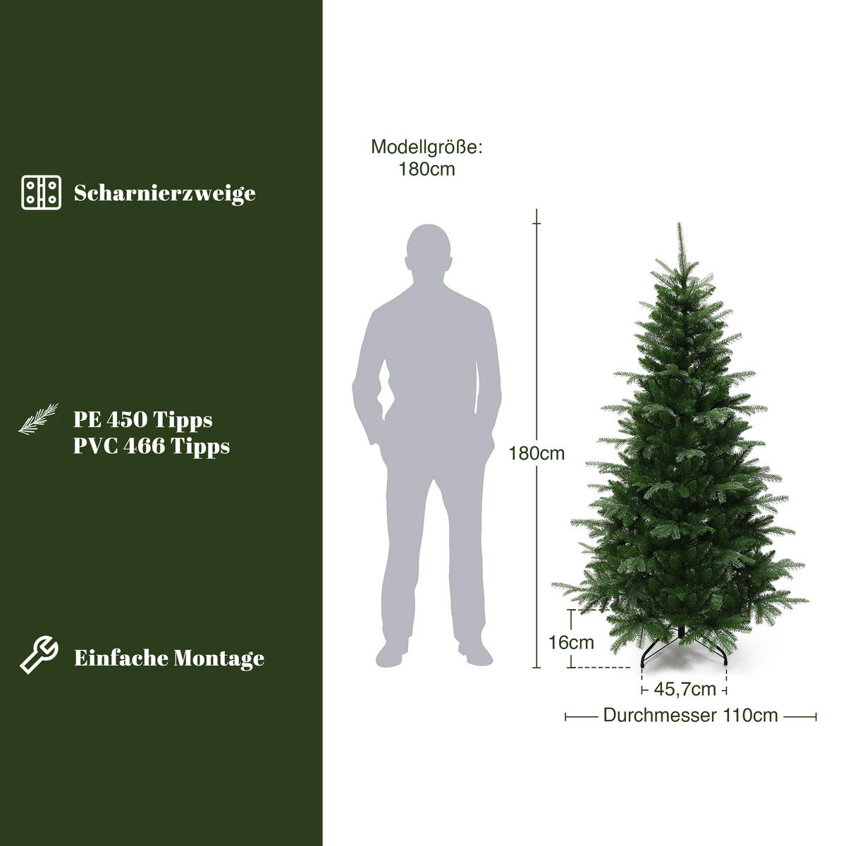KÜNSTLICHER Weihnachtsbaum 180 cm, Naturgrün mit Metallständer - Grün, Kunststoff (180cm) - Hometopia