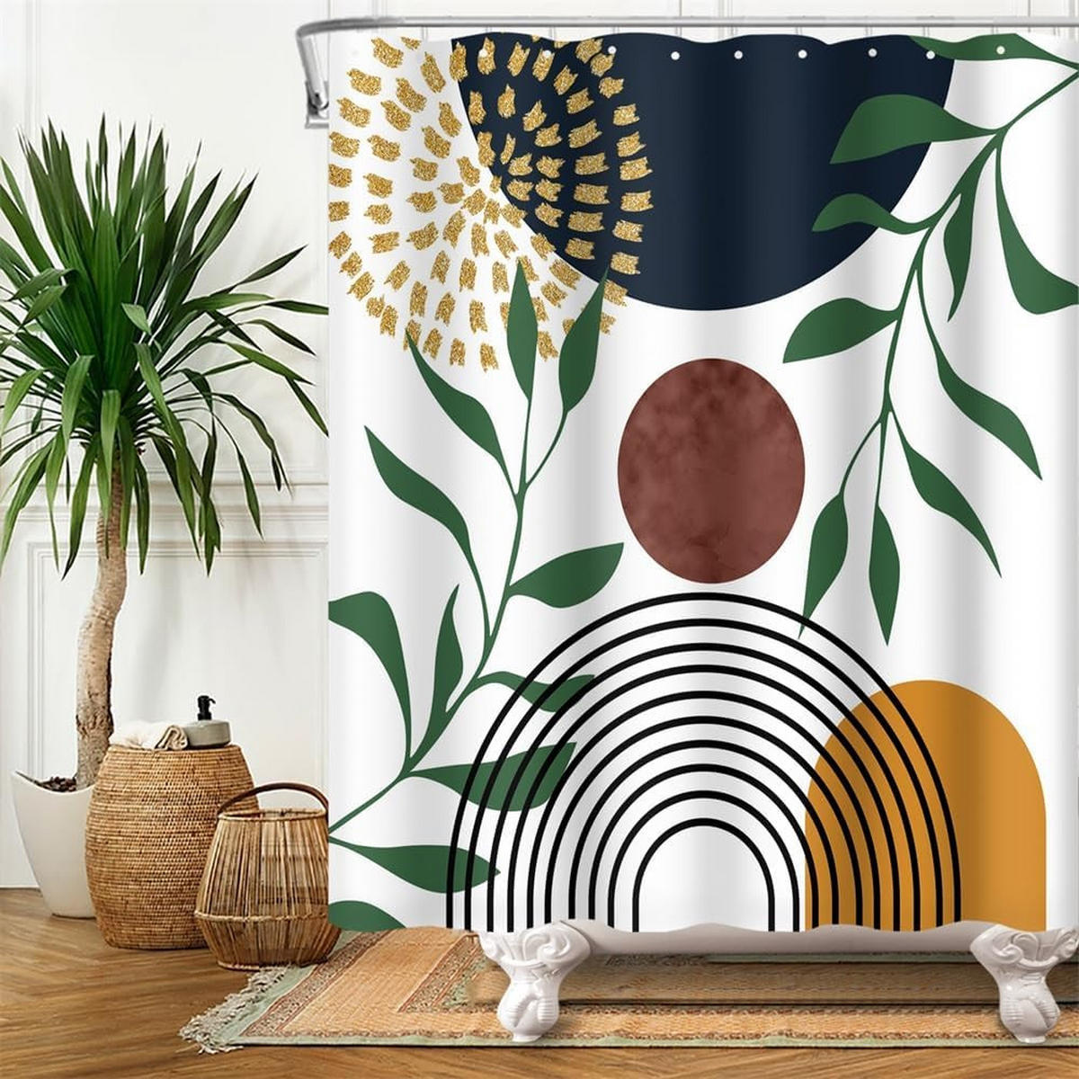 DUSCHVORHANG Muster Blatt Grün Boho geometrisch Badewanne schimmelresistent wasserdicht Stoff Polyester waschbar - Multicolor, Textil (180/180cm) - MCBOSON