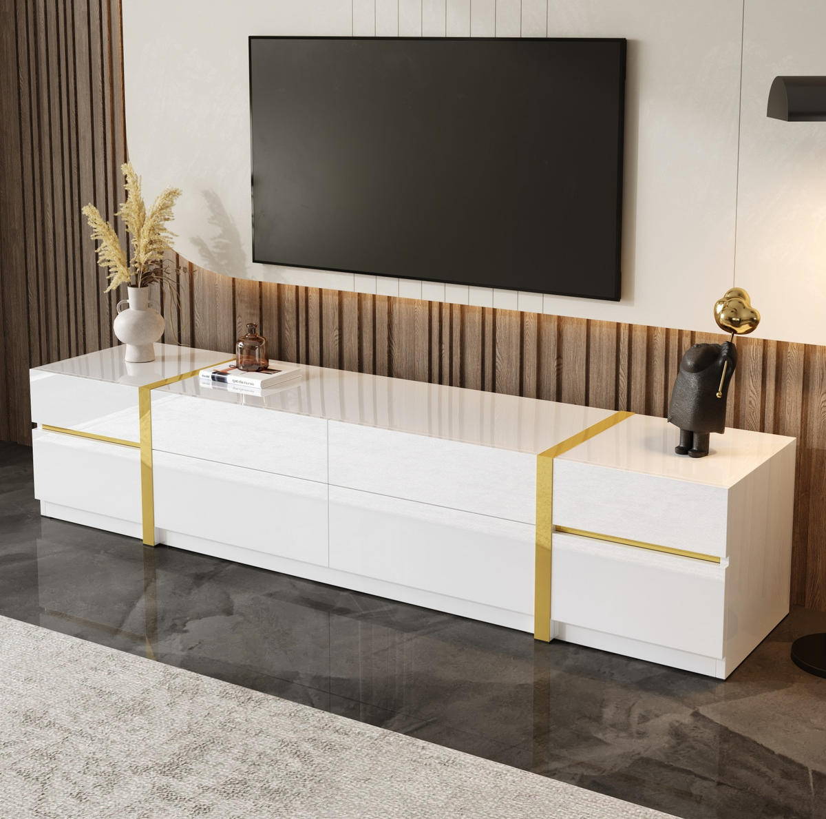 TV-SCHRANK aus MDF und Spanplatte 180x40x38 cm Weiß mit 4 Schubladen und 2 Türen, Hochglanzdesign - Weiß, Holzwerkstoff (180/38/40cm) - Modfu