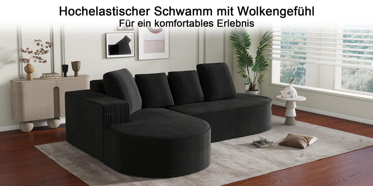 MODULARES Ecksofa Cord Sitzhöhe 40,5 cm mit tiefem Sitz 265/165/67 cm Schwarz - Schwarz, Textil (165/265cm) - Redom