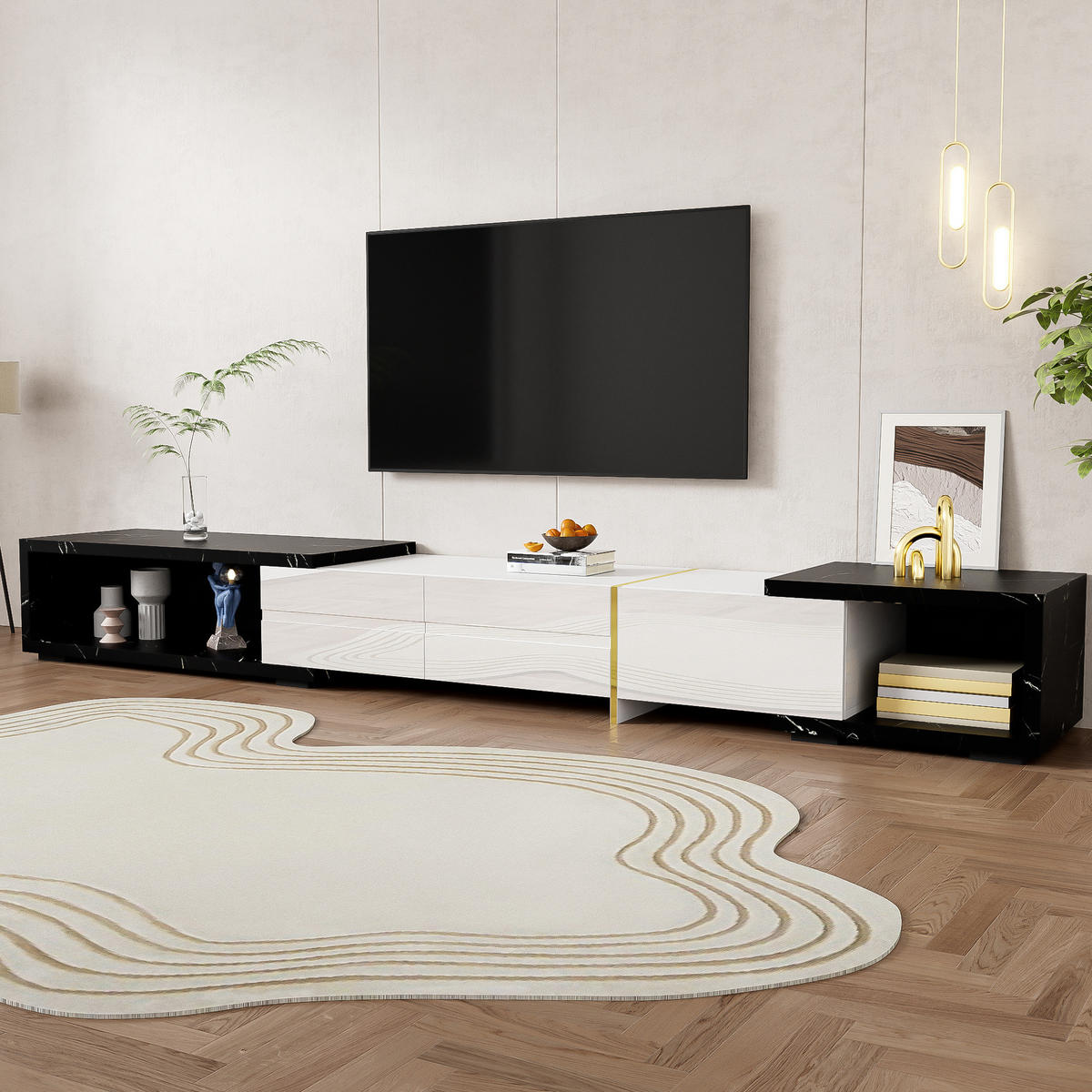 TV-SCHRANK erweiterbar in Weiß Hochglanz und schwarzer Marmoroptik 140–260/40/30 cm - Weiß, Holzwerkstoff (260/30/40cm) - Redom