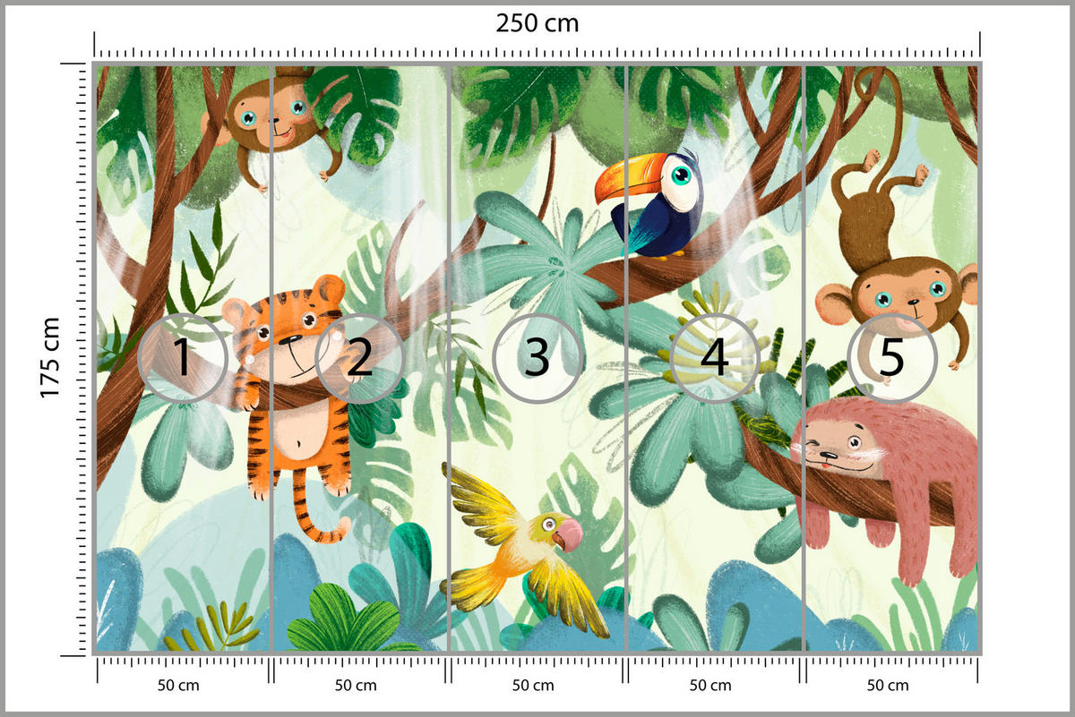 FOTOTAPETE für Kinderzimmer Süße Dschungeltiere Monstera Affen Tiger Vogel 250x175 - Gelb/Beige, Papier (250/175cm) - Muralo