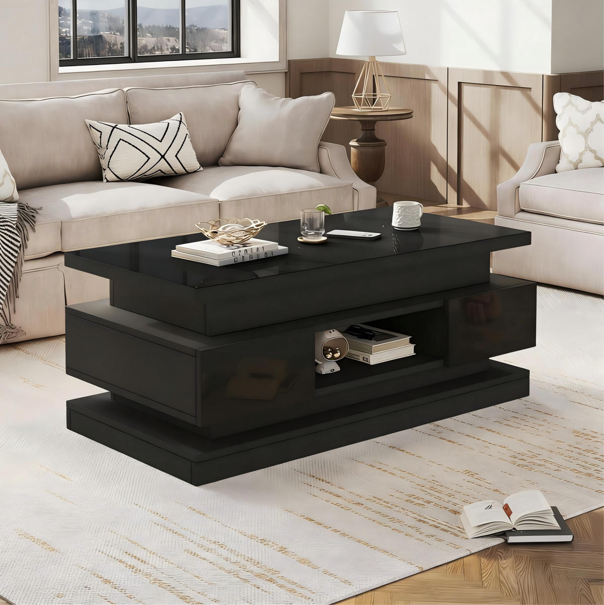 COUCHTISCH 100/50/40 cm höhenverstellbar mit LED-Beleuchtung, USB-Anschluss und 2 Schubladen, Schwarz - Schwarz, Holzwerkstoff (100/50/40cm) - Redom