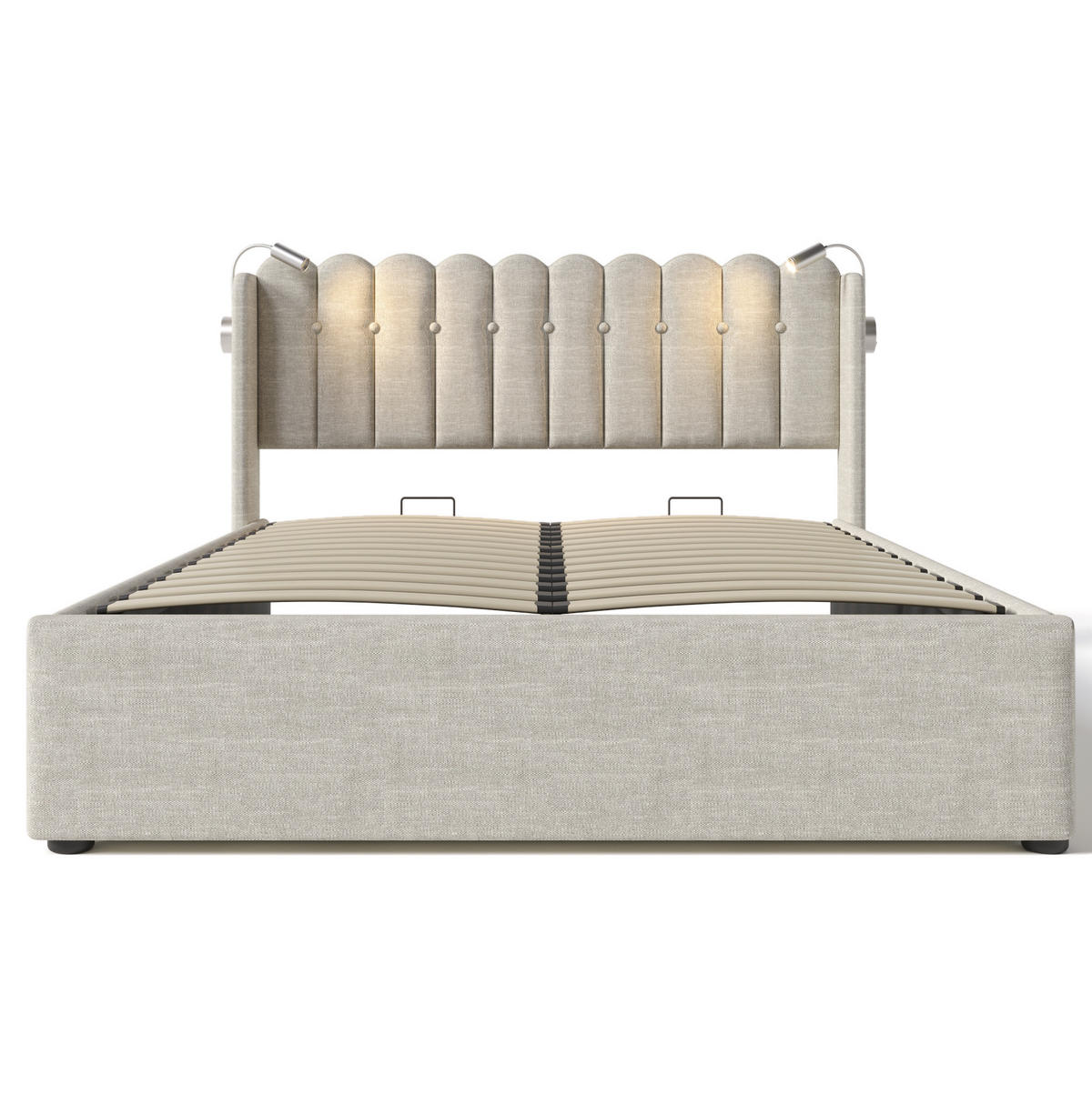 POLSTERBETT aus Leinen 160x200 cm Beige mit Bettkasten, Leselicht, USB-Anschluss und Matratze - Beige, Textil (160/200cm) - IVMEU