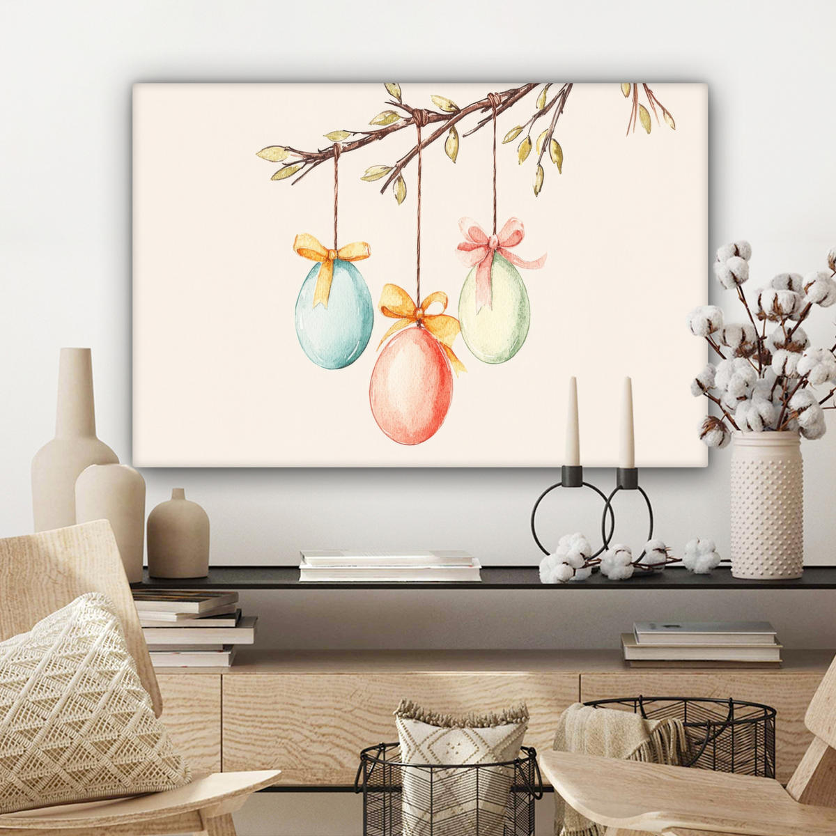 LEINWANDBILD Osterkuchen - Schleife - Eier Wanddeko 90x60 cm - Creme, Textil (90/60cm) - MuchoWow