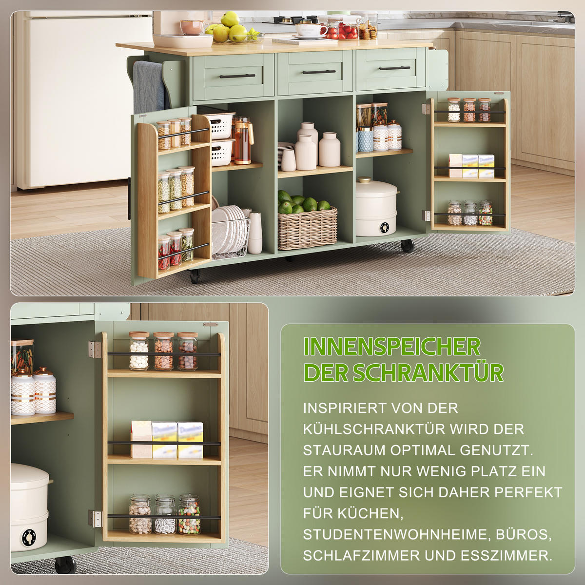 KÜCHENINSEL Antikgrün aus MDF mit klappbarer Erweiterungsplatte 139 × 46 × 91,5 cm - Grün, Holzwerkstoff (139/91.5/71cm) - Luhomfu