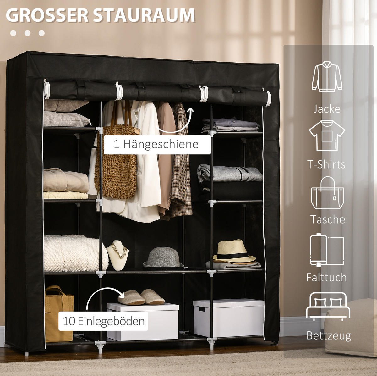 KLEIDERSCHRANK 150/43/162,5 cm in Schwarz mit Kleiderstange und 10 Fächern - Schwarz, Metall (150/162.5/43cm) - BEAOK