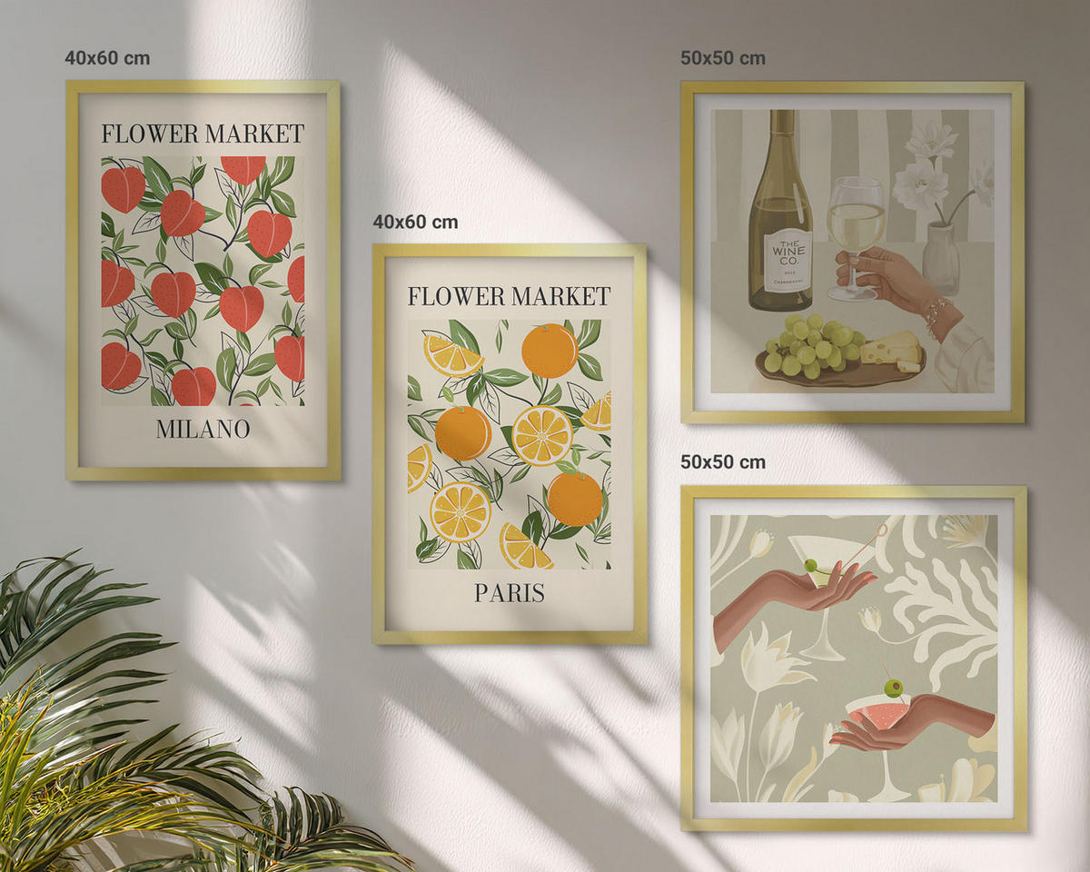 WANDBILDER 4er Set - 50x50 cm & 40x60 cm Goldrahmen - Blumenwein Mailand Paris - Goldfarben, Kunststoff (50/50cm) - ArtPrintCave