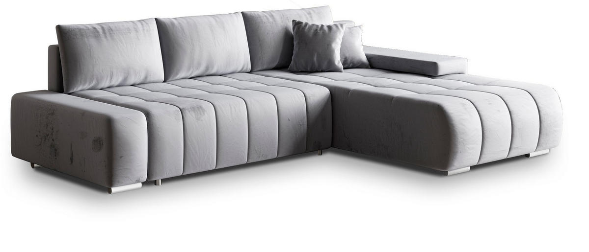 ECKSOFA ALESE R-S Hellgrau Velours-Stoff mit Schlaffunktion - Hellgrau, Holz (265/185cm) - MASSENO
