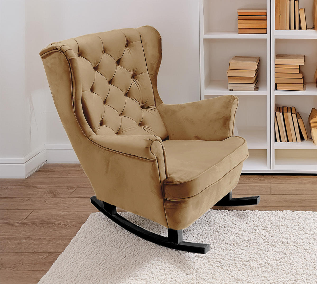 SCHAUKELSESSEL mit gepolstertem Sitz und Armlehnen, 102x81x95 cm, Cappuccino_29807 - Creme/Schwarz, Holz/Textil (81/102/95cm) - DomoHome