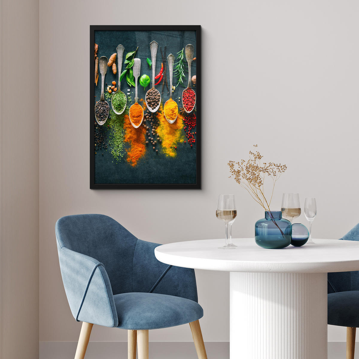 GERAHMTES BILD Kräuter - Gewürze - Löffel 40x60 cm - Currygelb, Papier (40/60cm) - MuchoWow