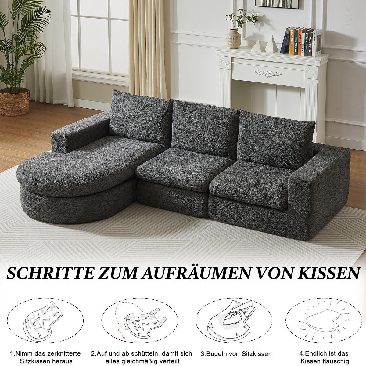 ECKSOFA 250/160/80 cm Sofa grau aus Chenille mit Chaiselongue und Nackenkissen - Grau, Textil (160/250cm) - OKWISH