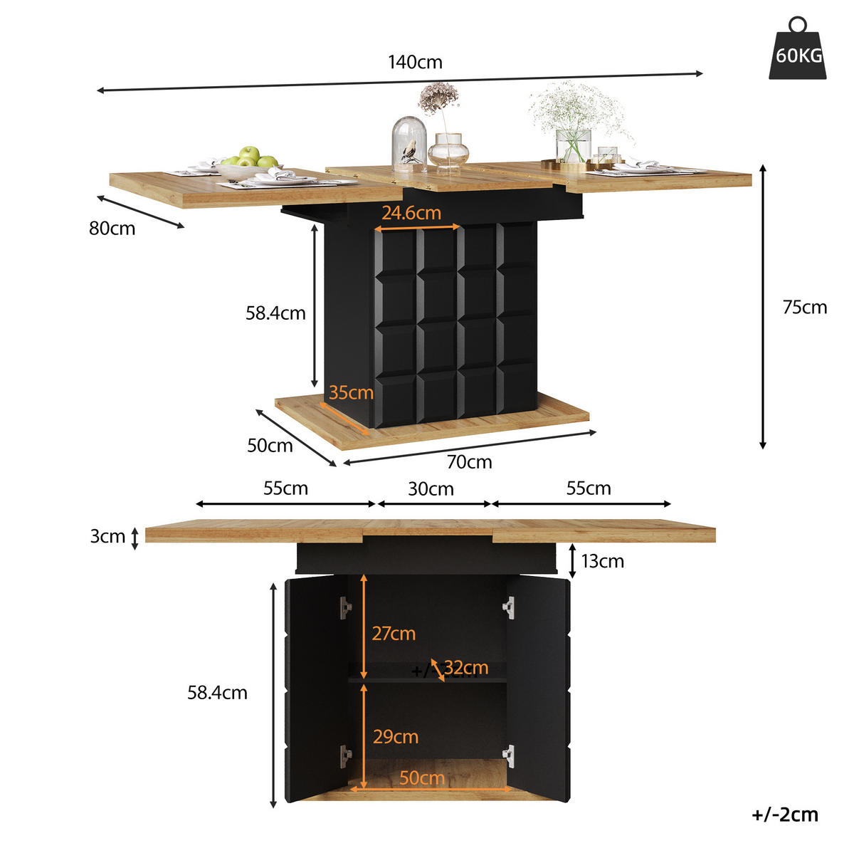 ESSTISCH 110-140/80/75 cm Schwarz/Natur aus MDF mit Auszug und Stauraum - Schwarz, Holzwerkstoff (110/80/75cm) - OKMYHOME