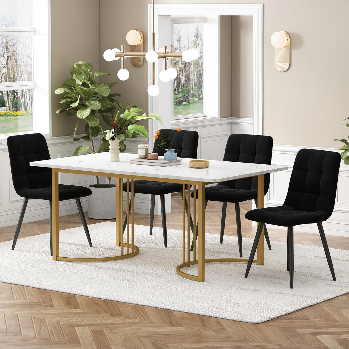 ESSGRUPPE Esstisch 4 Stühle MDF Weiß Schwarz 140x80cm - Schwarz, Holzwerkstoff (140/75/80cm) - FLIEKS