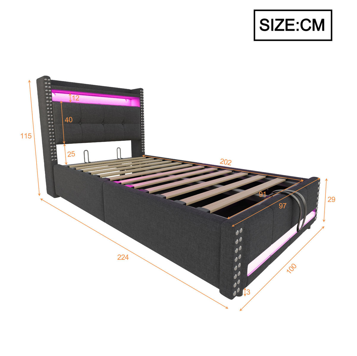 POLSTERBETT 90/200 cm grau mit LED-Beleuchtung und USB-Steckdose - Grau, Textil (90/200cm) - OKWISH