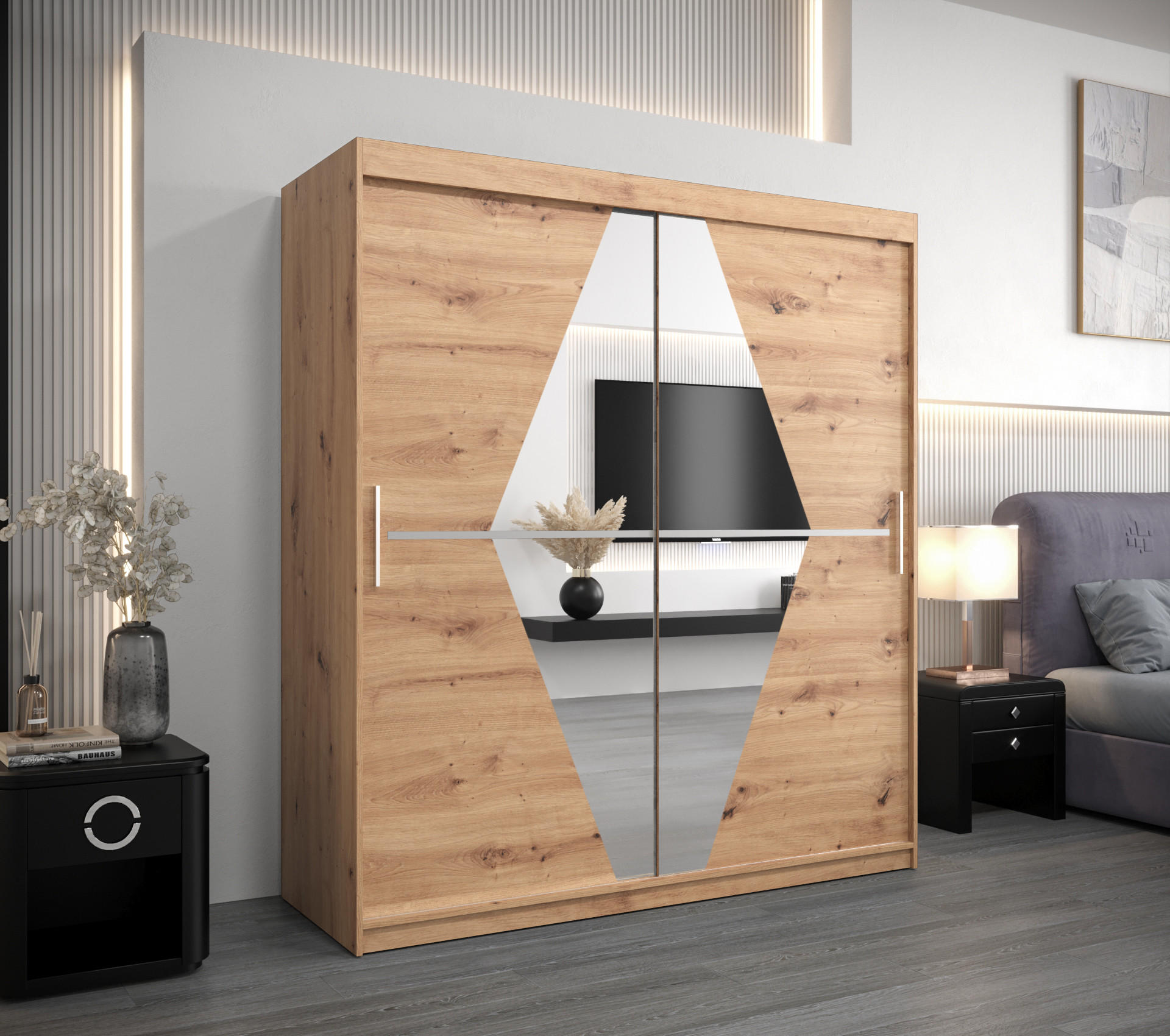SCHWEBETÜRENSCHRANK 200/180/62 2-türig - Silberfarben/Eiche Artisan, Holz/Kunststoff (180/200/62cm) - MÖBEL KRYSPOL