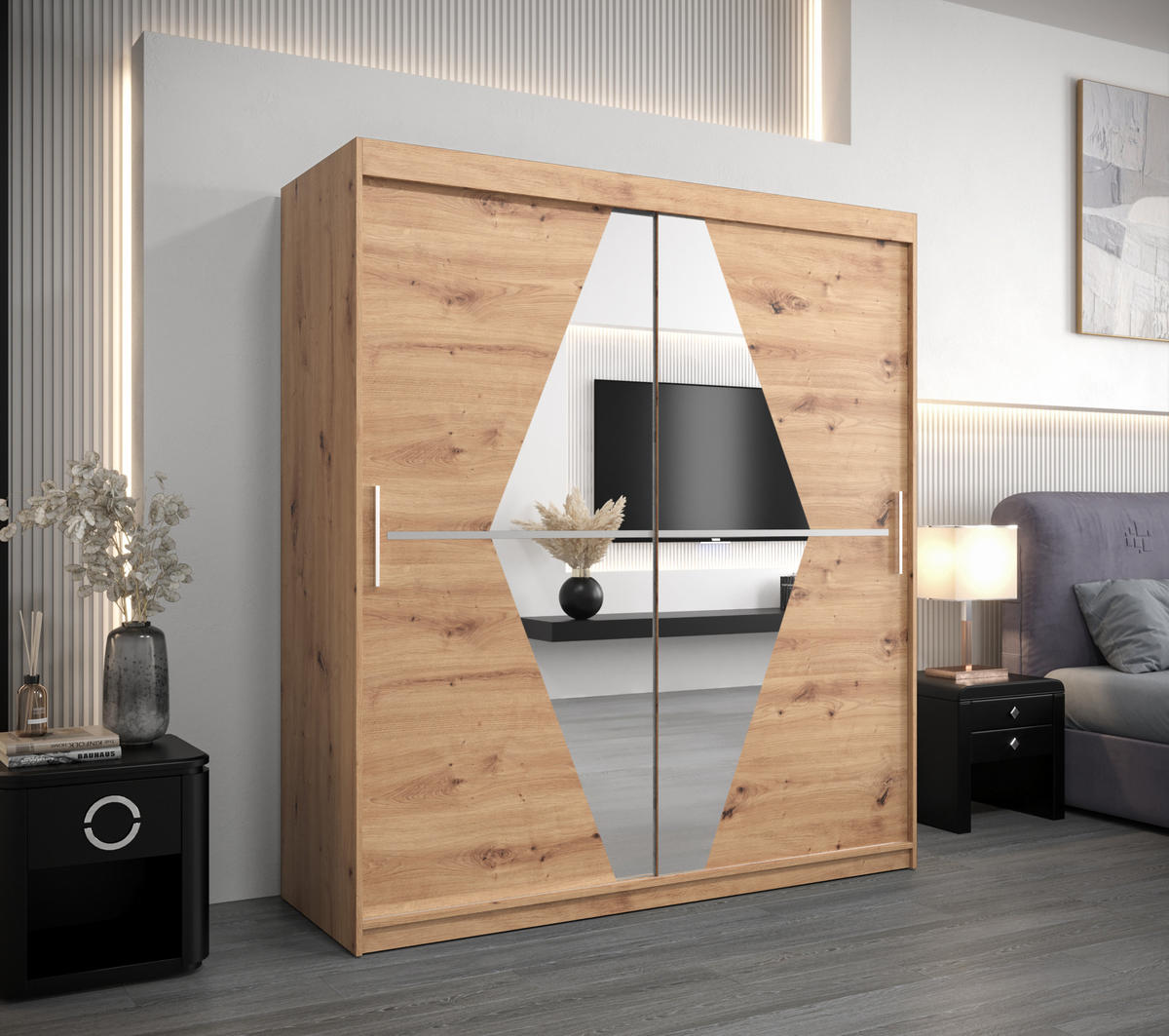 SCHWEBETÜRENSCHRANK 200/180/62 2-türig - Silberfarben/Eiche Artisan, Holz/Kunststoff (180/200/62cm) - MÖBEL KRYSPOL