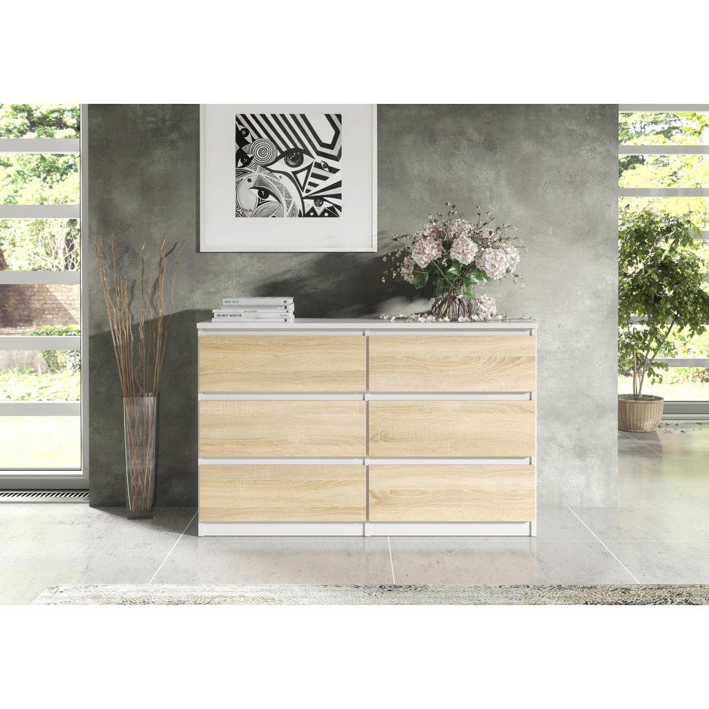 Thumbnail - Mobelsta Kommode, Weiß, Sonoma Eiche, Holzwerkstoff, Teilmassiv,Strukturbuche, 6 Schubladen, 120x78.5x39 cm, Wohnzimmer,...