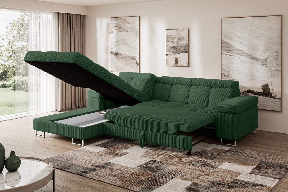 ECKSOFA mit Schlaffunktion Ottomane Links COMA L 271x203x79 Grün Cord - Waldgrün, Holzwerkstoff/Textil (271/203cm) - ALTDECOR