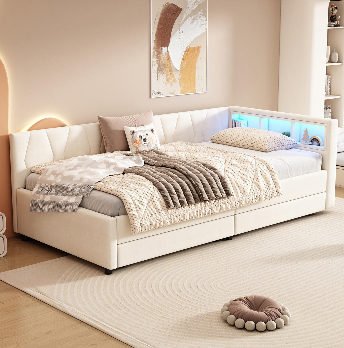 POLSTERBETT 90/200 cm in Beige mit LED-Beleuchtung, 2 Schubladen und USB- und Type-C-Anschlüssen - Beige, Textil (90/200cm) - Flora Grace