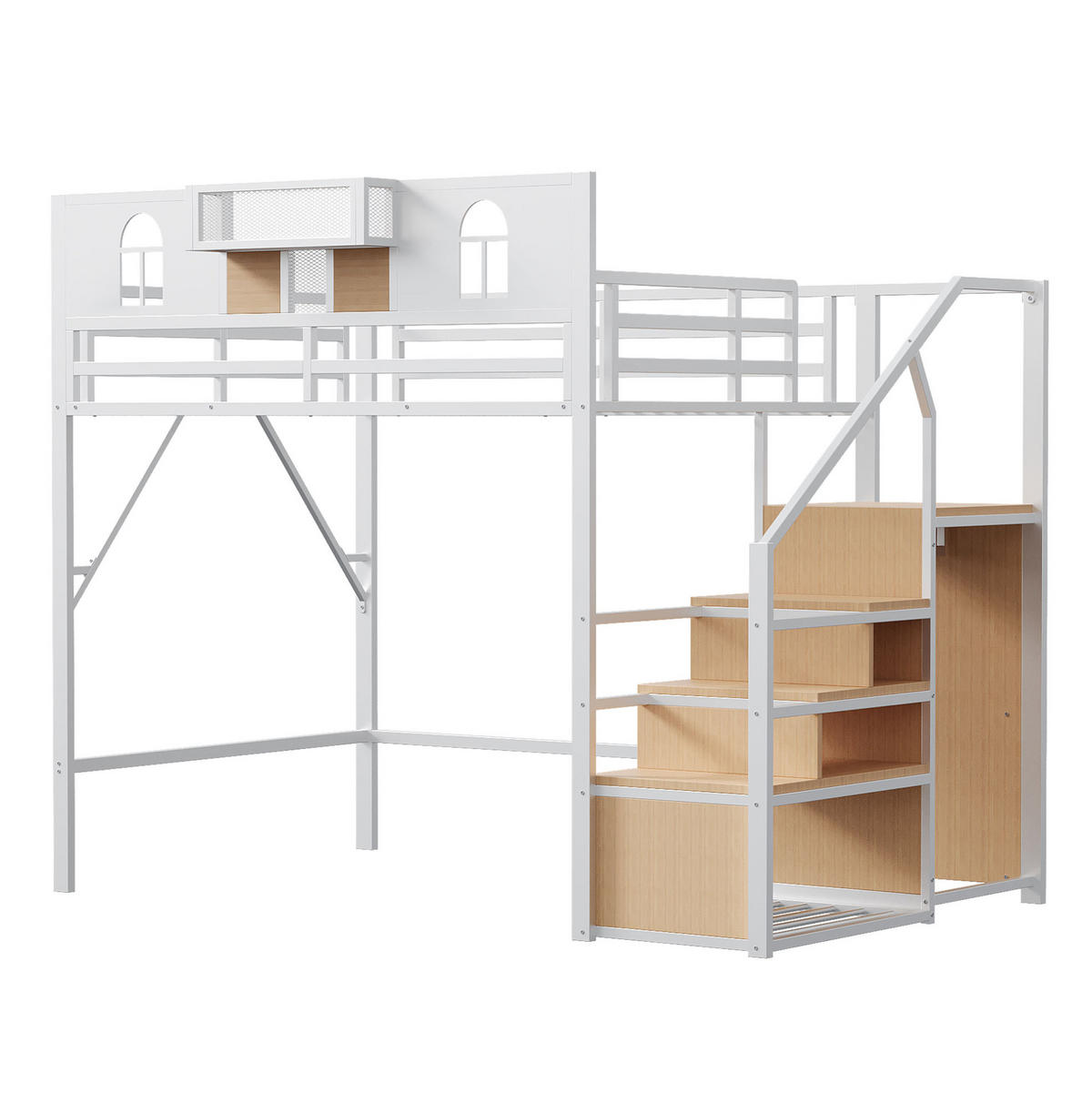 HOCHBETT 140/200 cm Weiß aus Metall und MDF mit Stauraumleiter - Weiß, Metall (140/200cm) - OKMYHOME