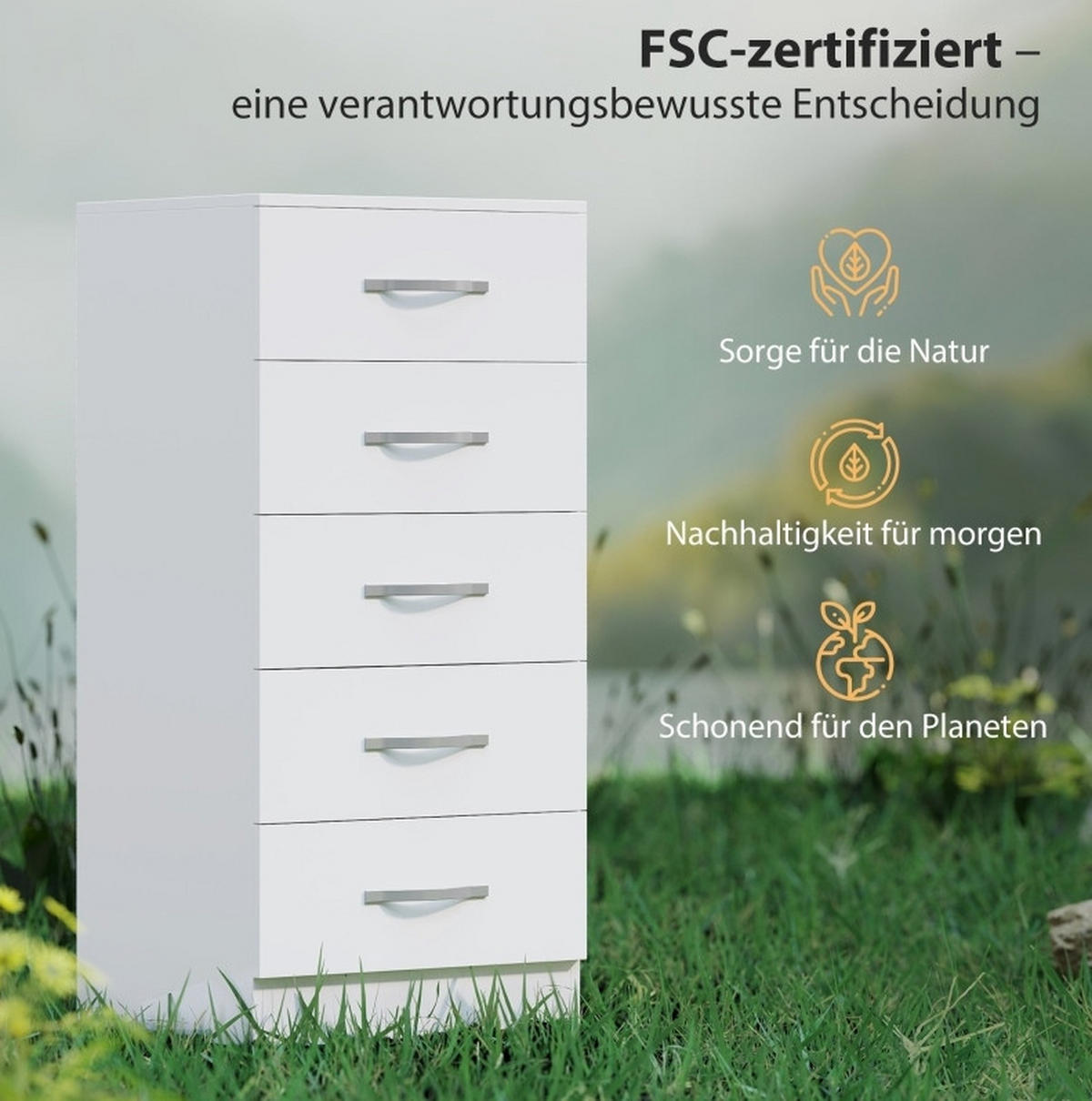 SCHUBLADENKOMMODE 40/35/85 cm mit 5 Schubladen und silberfarbenen Griffen - Weiß, Holz (40/85/35cm) - BEAOK
