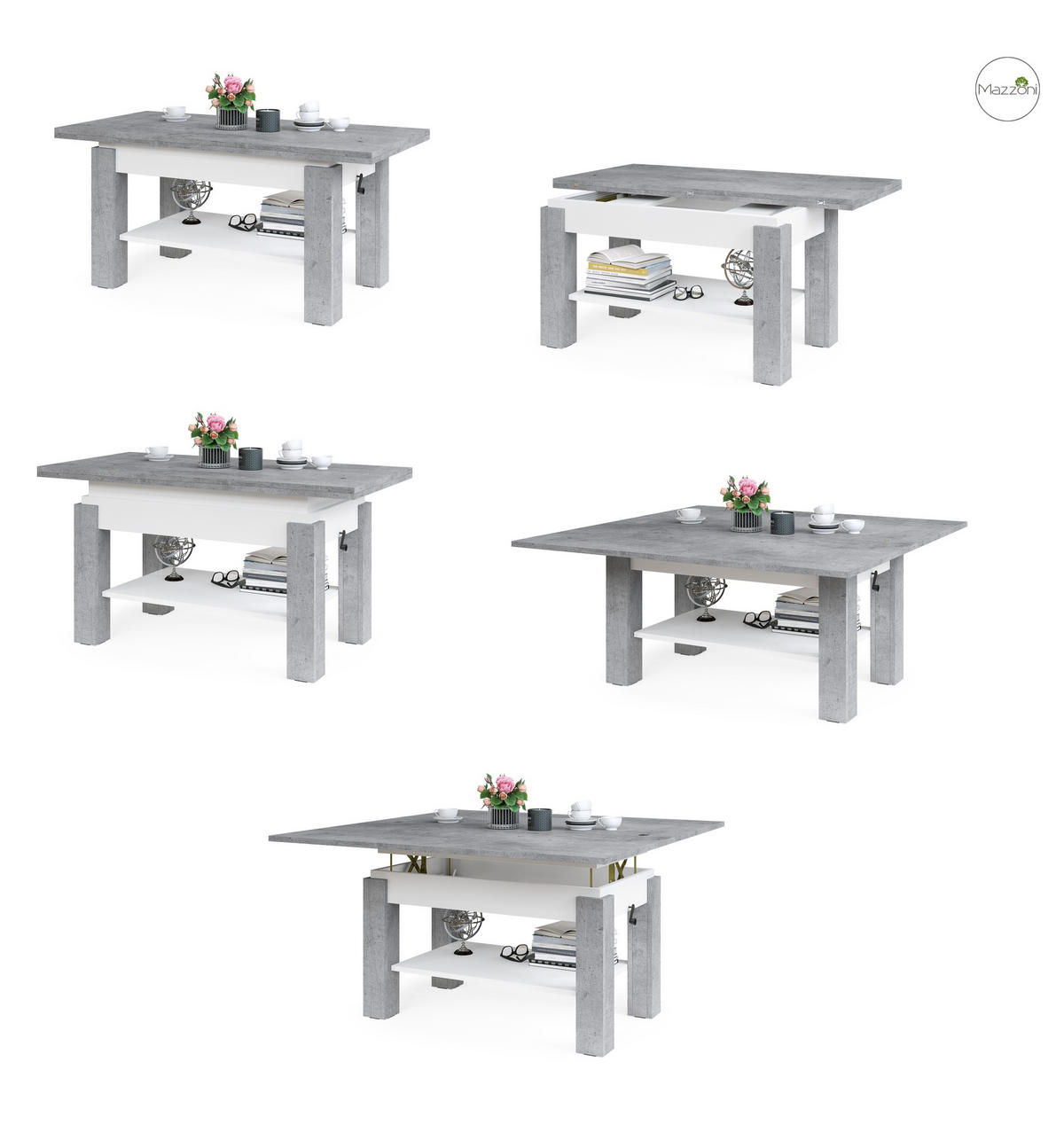 COUCHTISCH rechteckig Beton - Weiß ausziehbar höhenverstellbar - Hellgrau/Weiß, Holzwerkstoff (65/130/60cm) - designimpex
