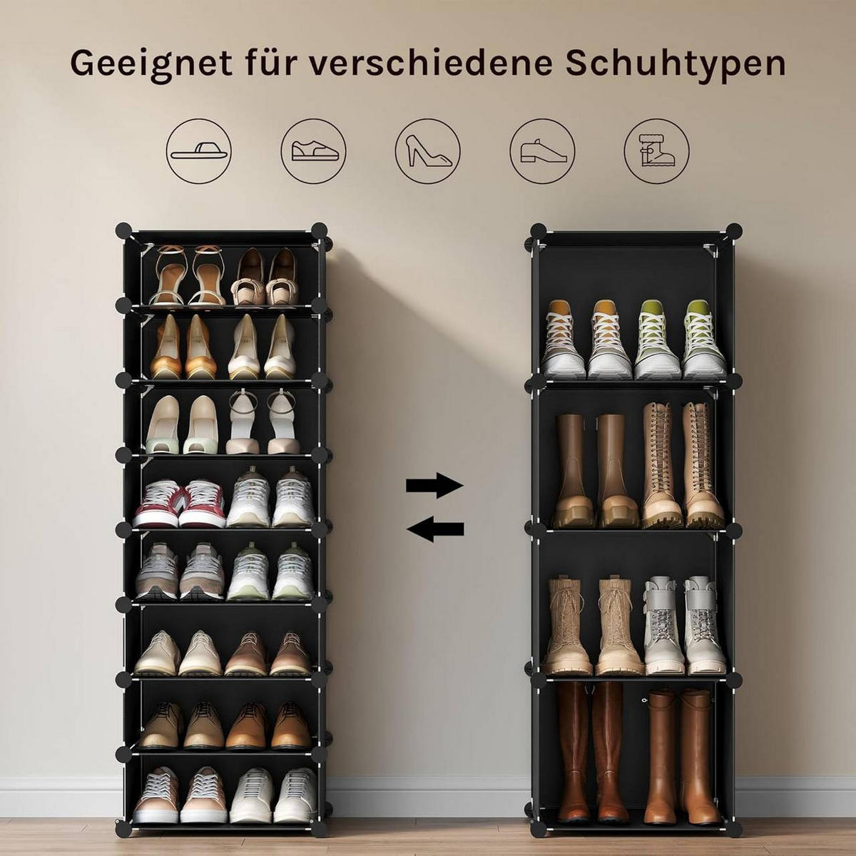 SCHUHREGAL mit 16 Fächern, Schwarz, Weiß - Schwarz/Weiß, Kunststoff/Metall (94/160/37cm) - Woltu