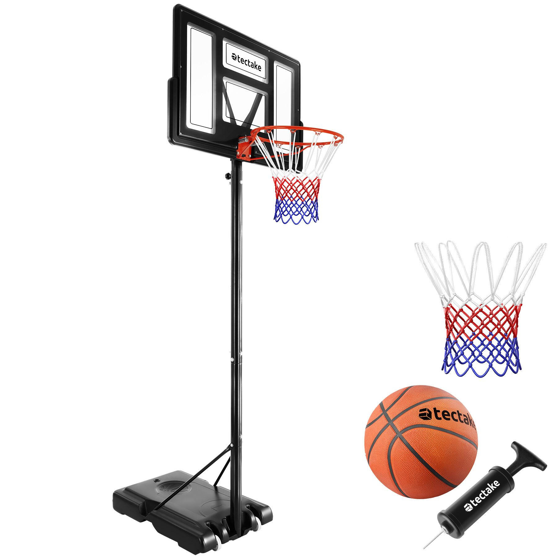 BASKETBALLKORB Dirk, mit Rollen, inklusive Ball, Pumpe und 2 Netze, schwarz - Schwarz, Textil (111/150cm) - tectake