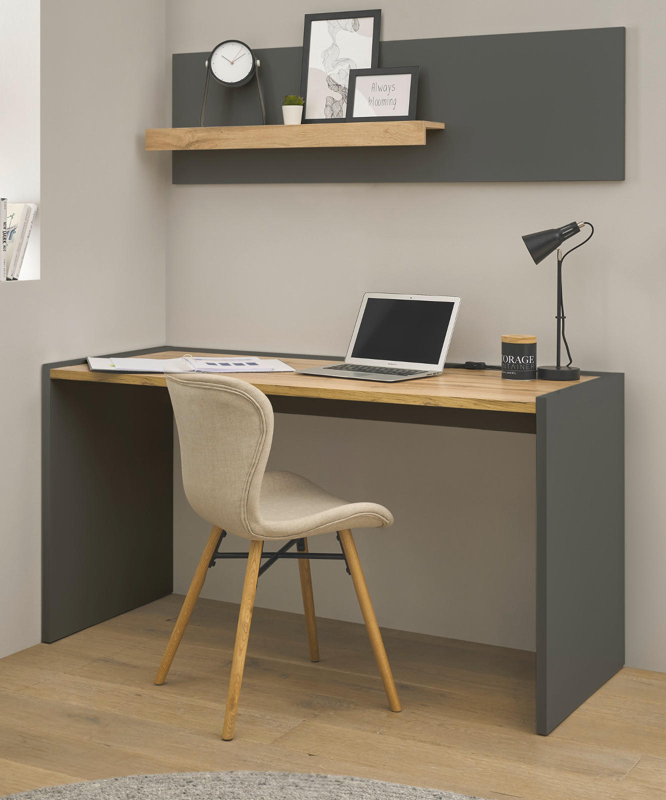 SCHREIBTISCHKOMBINATION 2-teilig grau matt, Eiche Wotan 143 cm, Büromöbel Set mit Wandregal - Eiche Wotan/Schwarz, Holzwerkstoff/Kunststoff (143/62/180cm) - Furn.Design