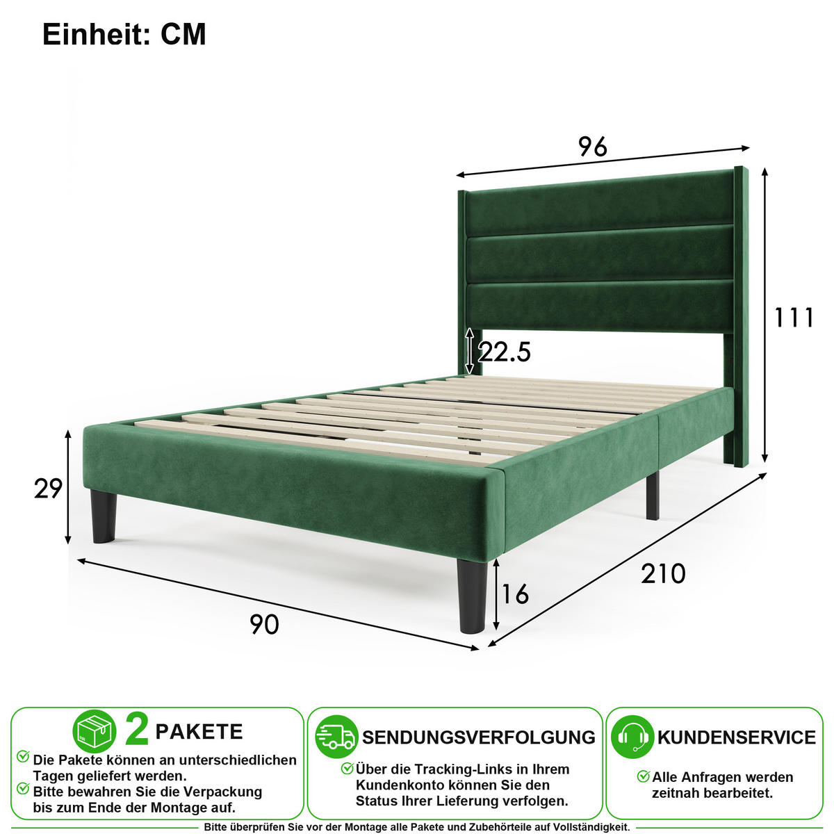 POLSTERBETT 90/200 cm in Dunkelgrün Samt mit Matratze und Lattenrost - Dunkelgrün, Holzwerkstoff/Textil (90/200cm) - CHICFURN