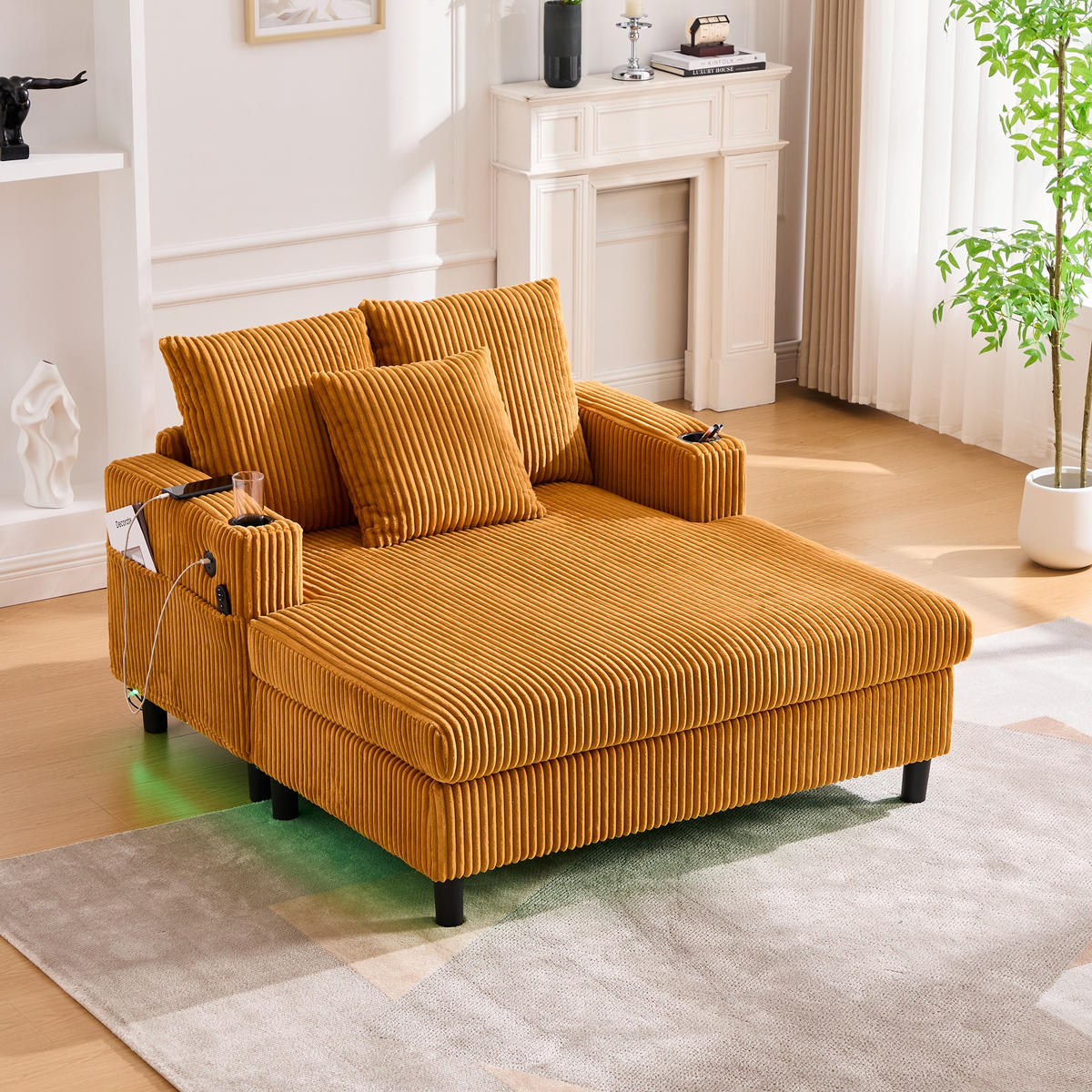 RELAXLIEGE XXL Polsterliege,Relaxsessel,3 Zierkissen,Cord,Gelb - Gelb, Textil (128/85/142cm) - LVHOM