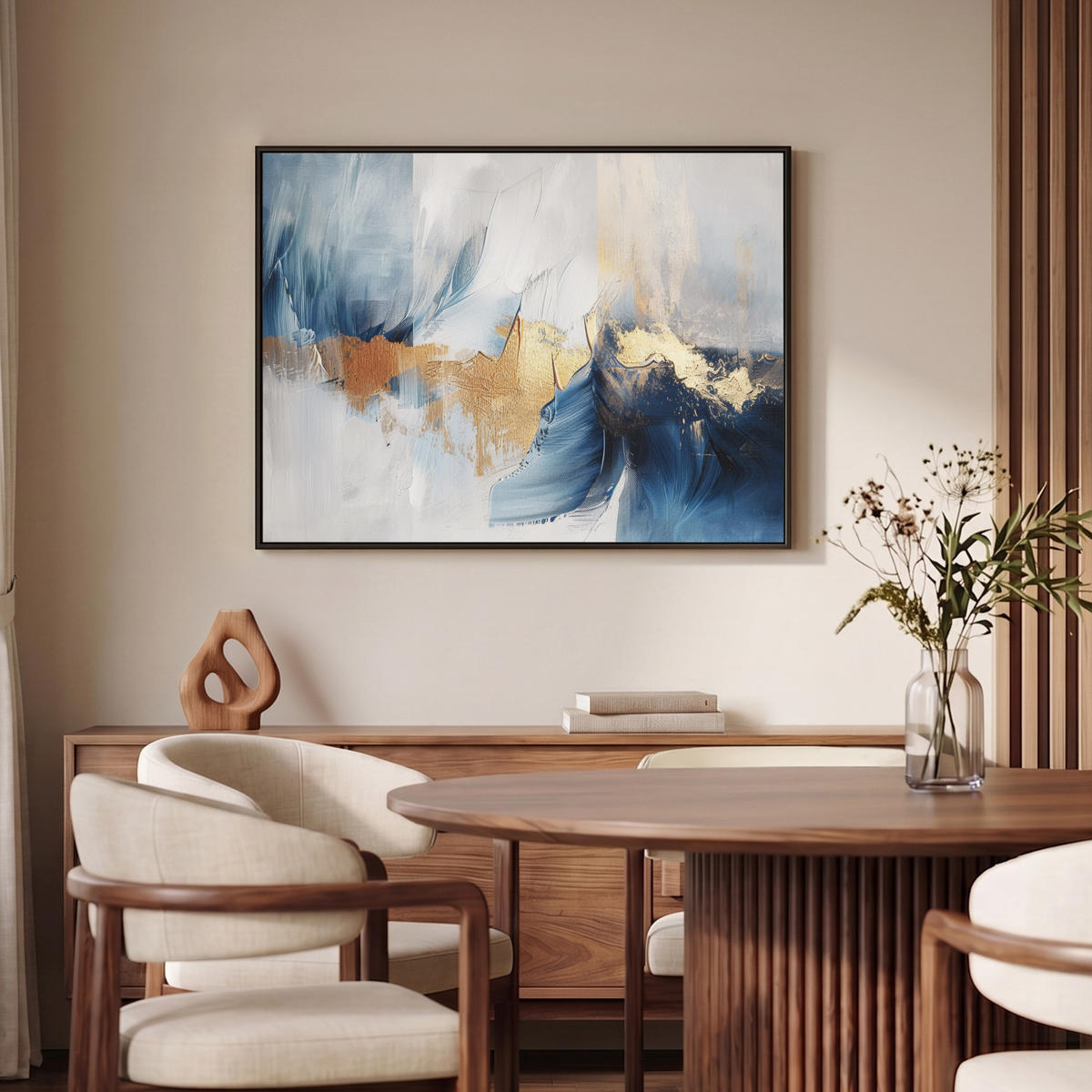 LEINWAND Bilder mit Rahmen - Gold - Blau - Aquarell - Kunst - Modern - 100x70 - Hellblau, Textil (100/70cm) - MuchoWow