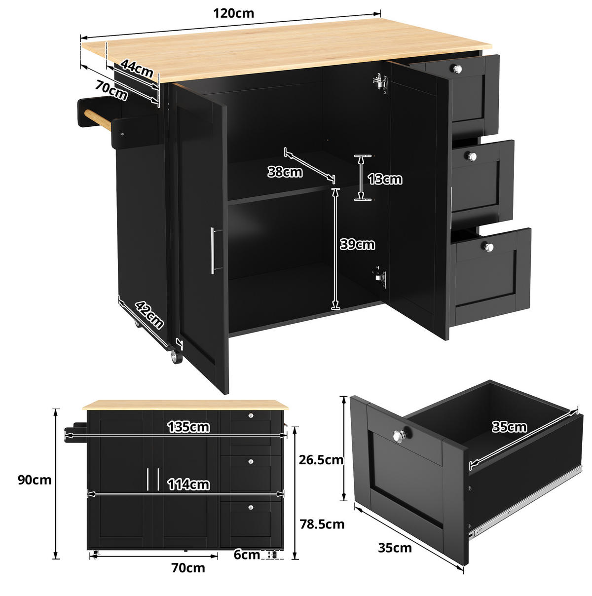 KÜCHENINSEL 135/44-70/90 cm aus MDF mit klappbarer Arbeitsplatte Schwarz/Natur - Schwarz, Holzwerkstoff (135/90/44cm) - Modenvie