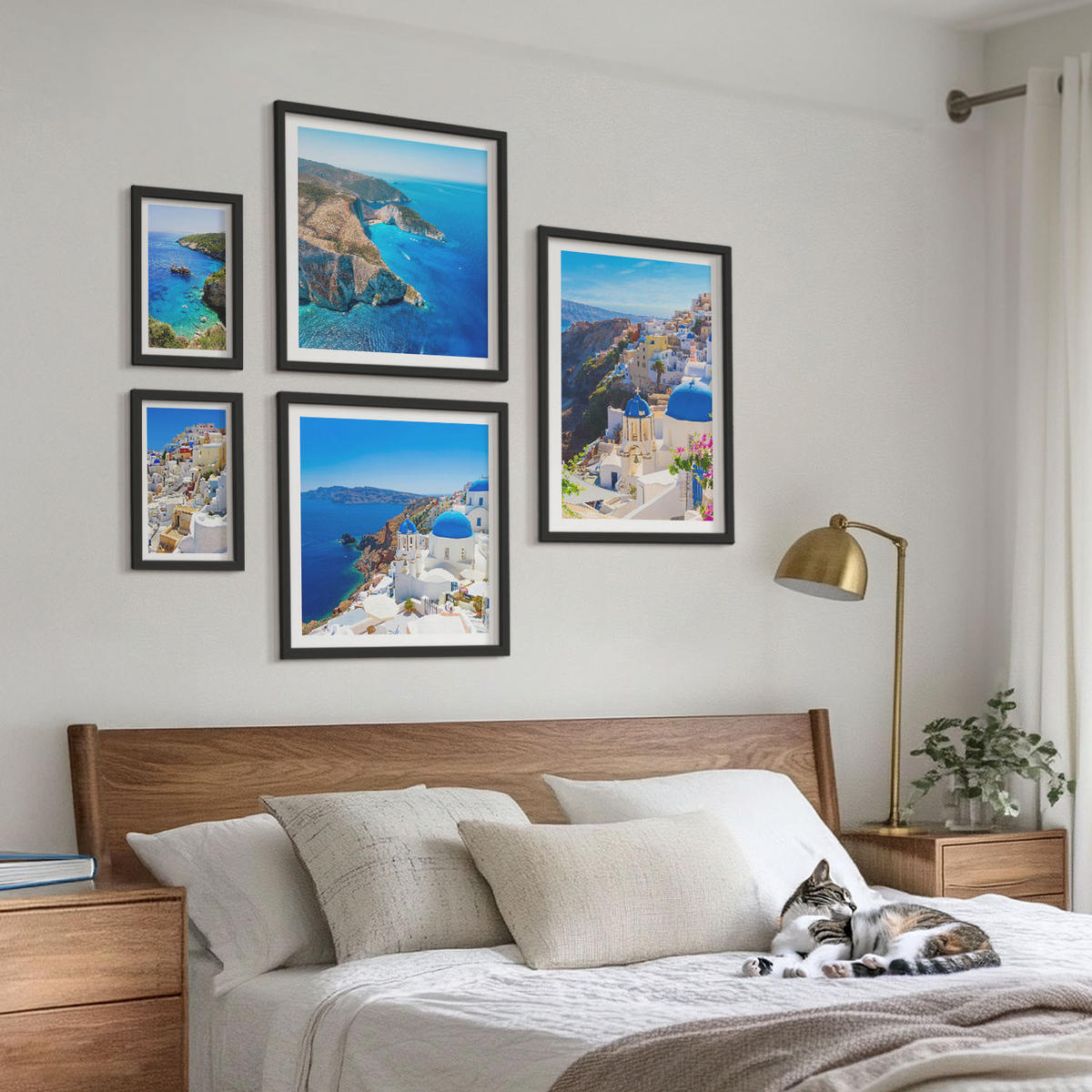 BILDER SET 5er Set - 50x50 cm & 20x30 cm & 40x60 cm Schwarzer Rahmen - Architekturlandschaft Oia Santorin Griechenland - Schwarz, Kunststoff (40/60cm) - TULUP