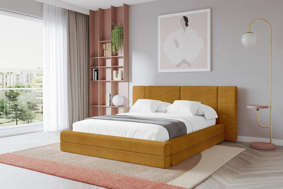 POLSTERBETT mit Bettkasten und Lattenrost, Bett mit Matratze H3/H4 - TEVO 200x200 Senfgelb - Gelb, Holzwerkstoff/Textil (200/200cm) - ALTDECOR