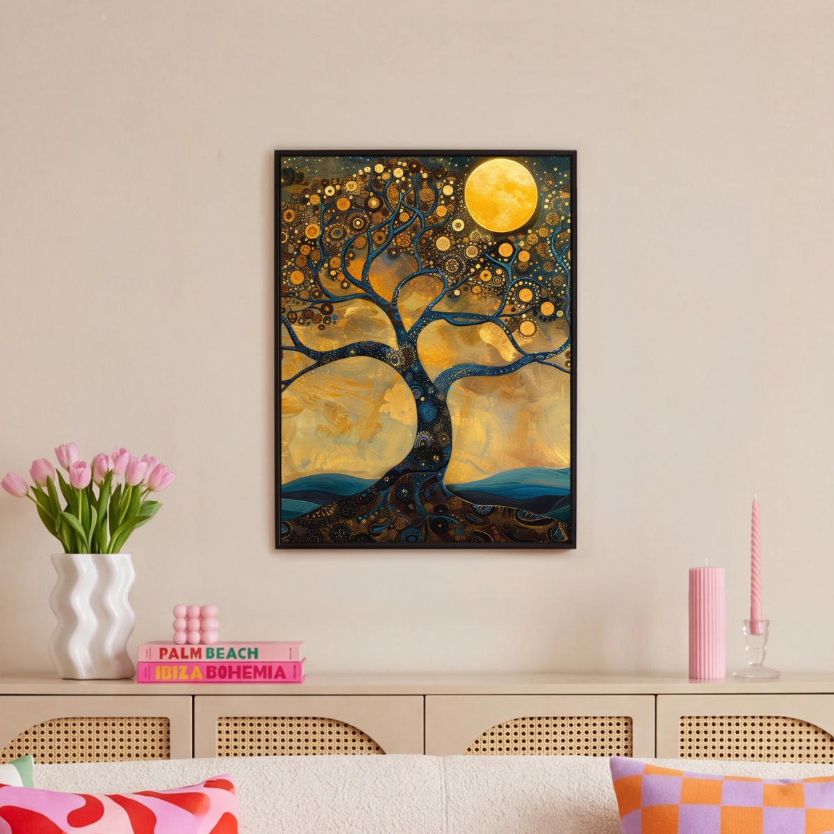 LEINWAND Bilder mit Rahmen - Baum - Mond - Blumen - Gold - Kunst - 60x80 - Orange, Textil (60/80cm) - MuchoWow