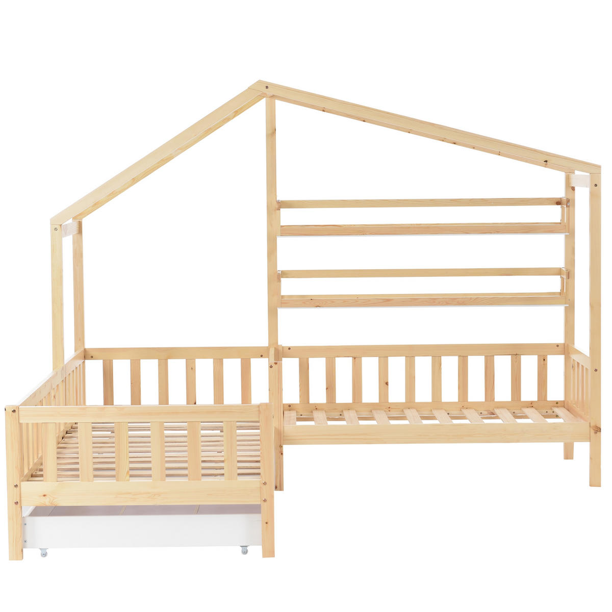 HAUSBETT 90/200 cm Natur mit Schubladen und Regalen aus massivem Holz - Naturfarben, Holz (90/200cm) - OKWISH
