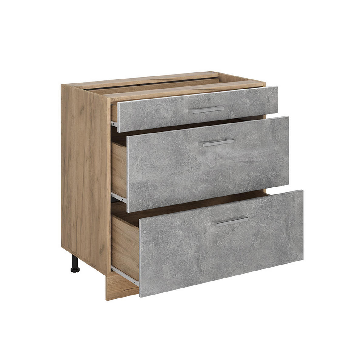 SPODNÍ SKŘÍŇKA KUCHYŇSKÉ LINKY R-Line, Beton/Zlatý mocný dub, 80 cm se 3 zásuvkami pracovná doska Dub Goldkraft - šedá/barva dubu, kompozitní dřevo (80/81.6/60cm) - Vicco