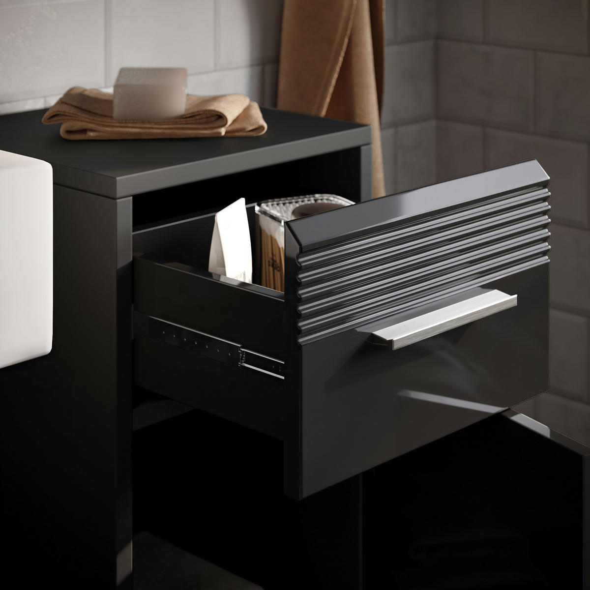 BADMÖBEL Set Linus 4tlg. Bad Kombination in Weiß o. Schwarz (B/H/T: 106x182x34 cm) - Schwarz, Holz (106/182/34cm)