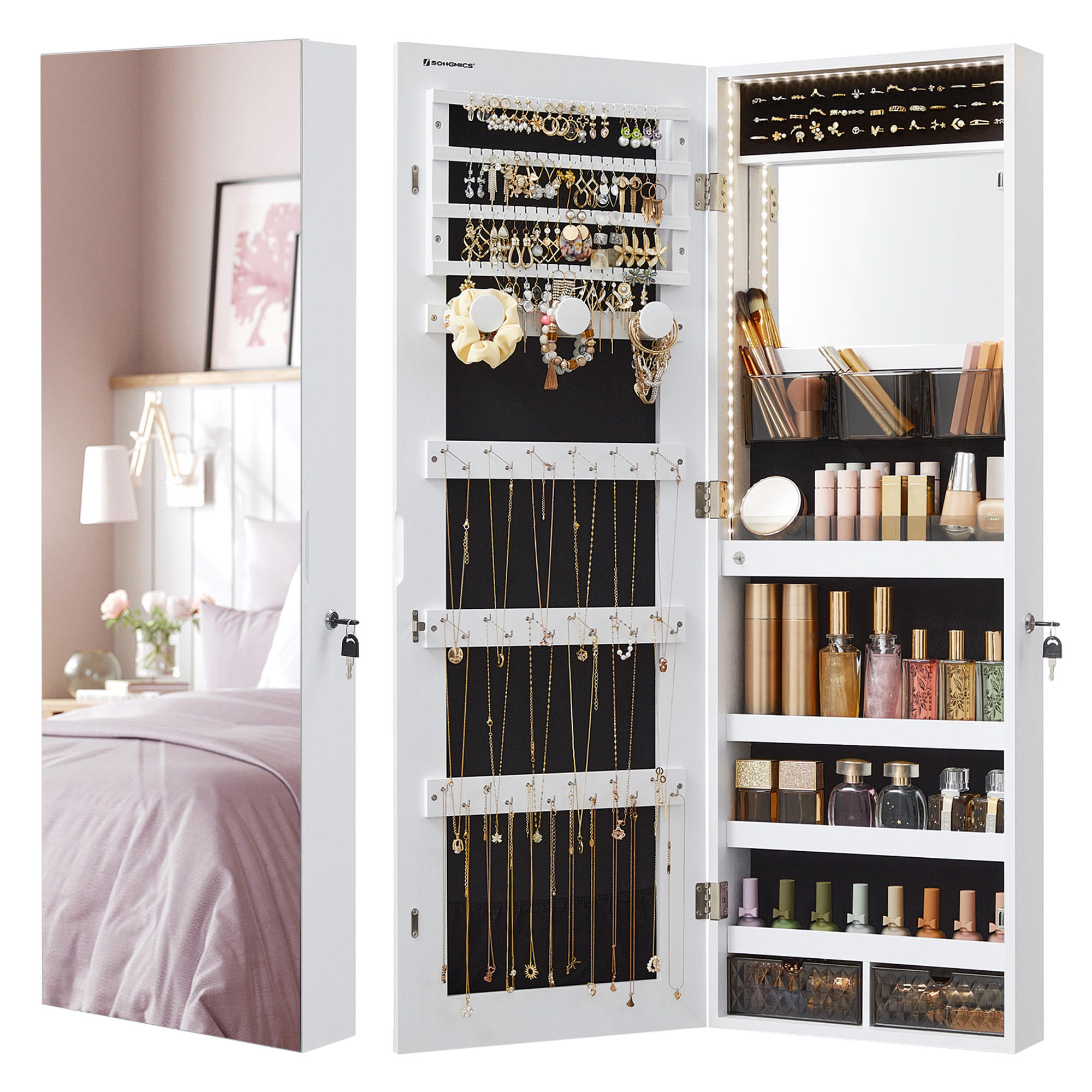 SCHMUCKSCHRANK Betty - Weiß, Holzwerkstoff (10/108/37cm) - SONGMICS