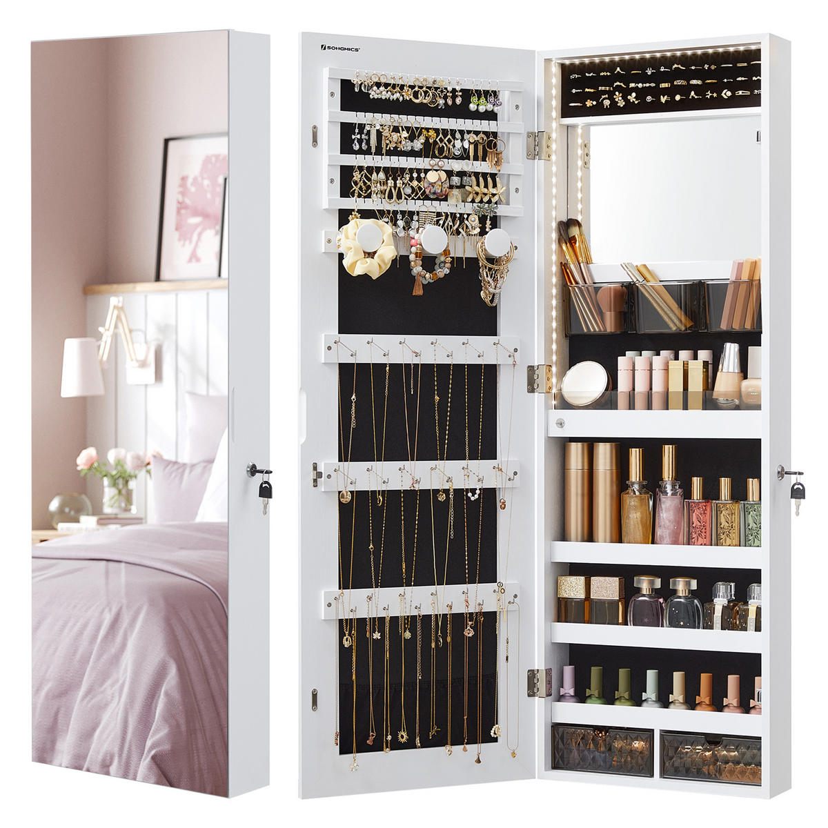 SCHMUCKSCHRANK Betty - Weiß, Holzwerkstoff (10/108/37cm) - SONGMICS